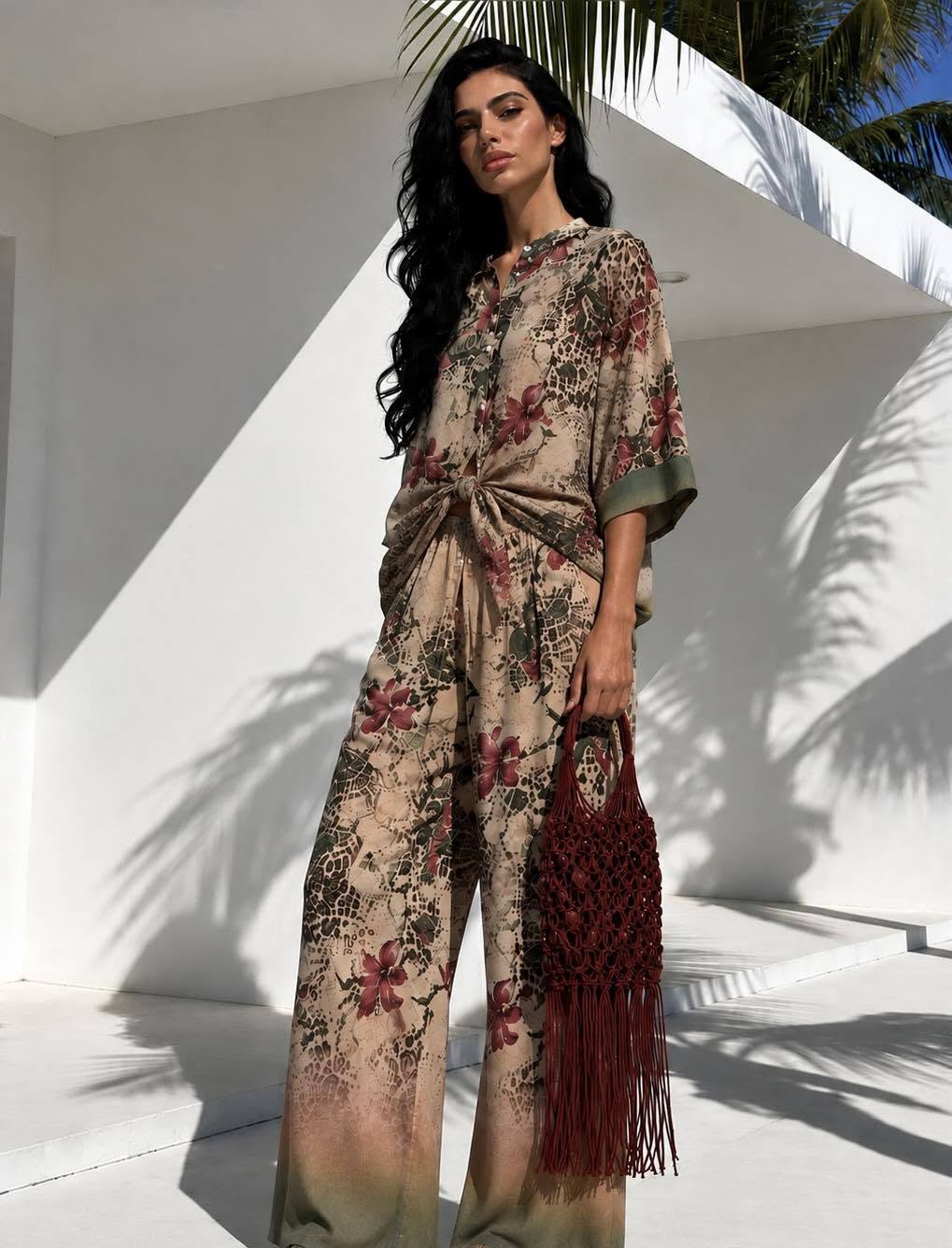 Ținuta PALOMA — compleu cu imprimeu floral, în lumină de vacanță cu umbre de palmier.